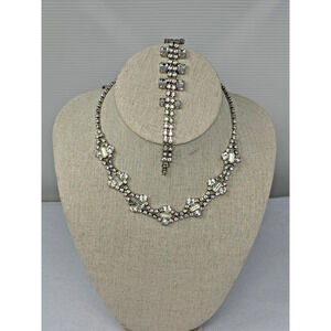 Vintage‎ Clear Rhinestone Silver Tone Statement Necklace & Bracelet Art Deco